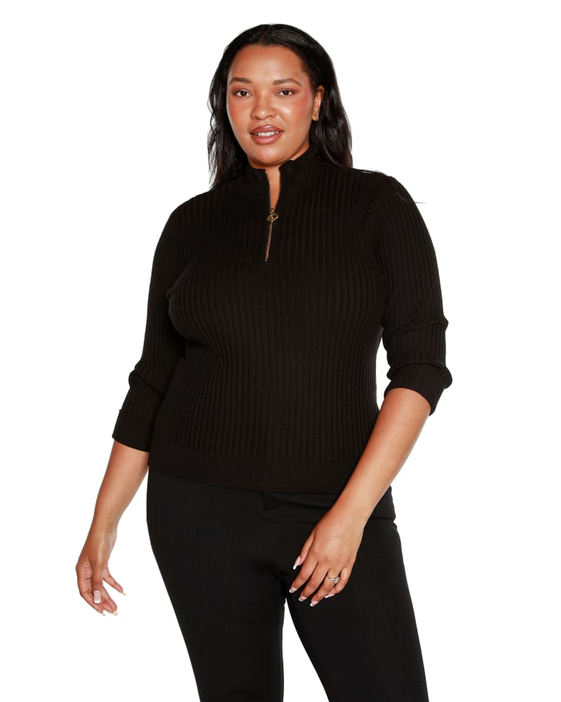 Front of a model wearing a size 2X Ribbed Quarter-Zip Sweater in Black by Belldini Black Label. | dia_product_style_image_id:304721
